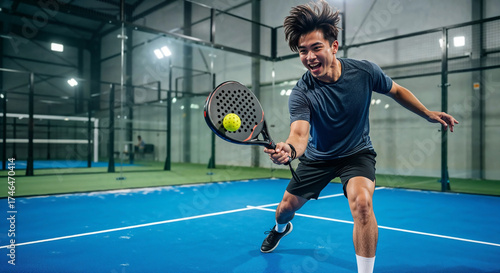 Determined asian male padel player leaning forward to return the ball