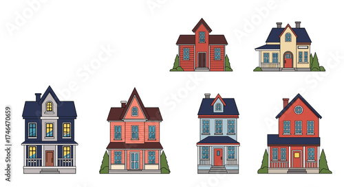 A collection of pixel art houses in various architectural styles.