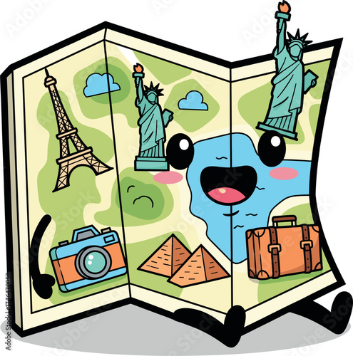 Cute cartoon map character with famous landmarks and travel items