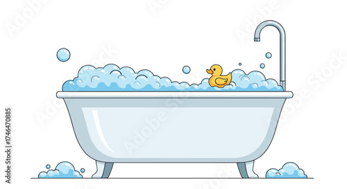 A classic bathtub filled with bubbly foam and a cute rubber duck floats.