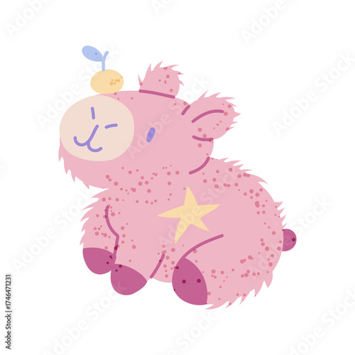Soft capybara toy, support for Korean K-pop celebrities by fans. Flat color illustration with texture. Group symbol, capybara with mandarin and tattoo star. Youth fashion. Love for South Korea