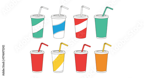 Collection of assorted colorful soda drinks with straws.