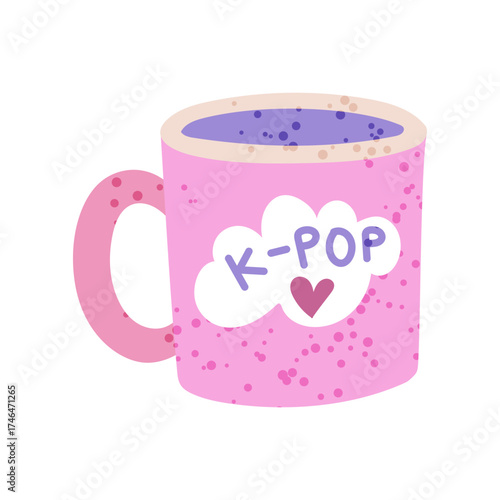 Mug with handle and text LOVE K-POP, support by fans of Korean K-pop celebrities. Flat color illustration with texture. Souvenir ceramic for memory. Youth fashion. Love for South Korea