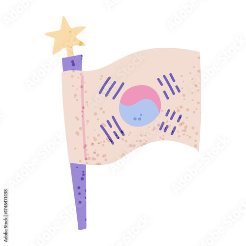 Korean flag on a flagpole with a star, fan support for Korean K-pop celebrities. Flat color illustration with texture. Souvenir from South Korea. Youth fashion. Love for South Korea
