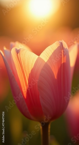 Close up of a pink flower with the sun in the background