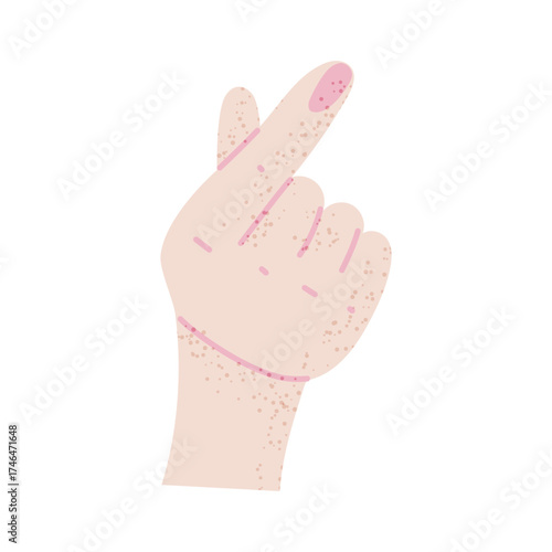 The hand shows a heart with fingers, fans supporting Korean K-pop celebrities. Flat color illustration with texture. Expressing love with one hand. Youth fashion. Love for South Korea