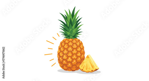 A whole pineapple with a slice next to it on a white background.