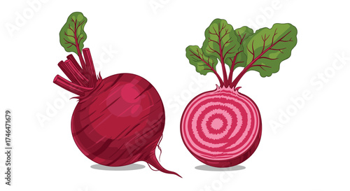 Fresh raw beetroots with green leaves and a cut half revealing concentric rings.