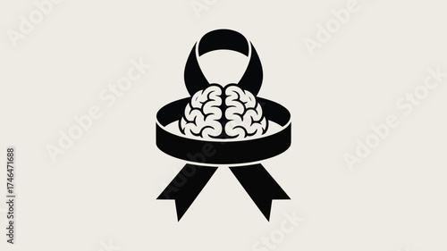 Black ribbon with brain symbol, representing awareness or loss