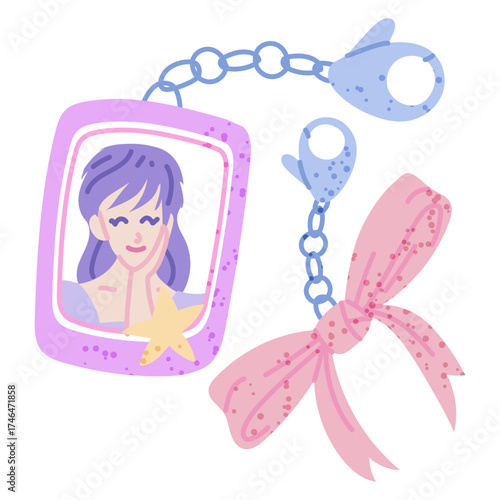 Keychain with photo of girl and pink bow, support from fans of Korean K-pop celebrities. Flat color illustration with texture. Photo of an idol in a keychain frame. Youth fashion. Love for South Korea