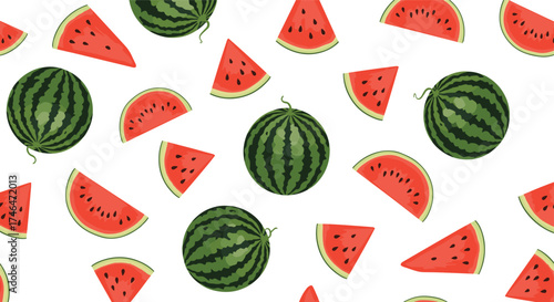 A refreshing pattern of watermelon slices and whole fruits.