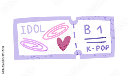 Paper ticket for a music band concert, fans supporting Korean K-pop celebrities. Flat color illustration with texture. Extended ticket for the performance. Youth fashion. Love for South Korea