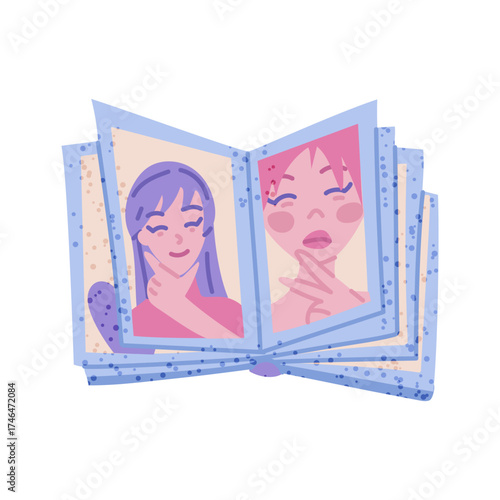 Magazine with photos of a female idol music group, fan support for Korean K-pop celebrities. Flat color illustration with texture. Notebook with photos of group. Youth fashion. Love for South Korea