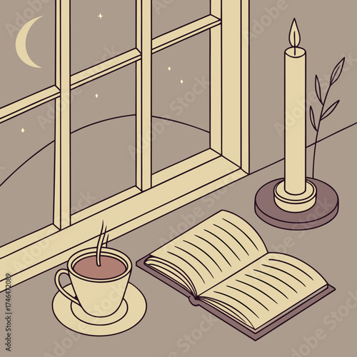 Cozy Nighttime Reading - Candlelit Book and Tea by Moonlit Window