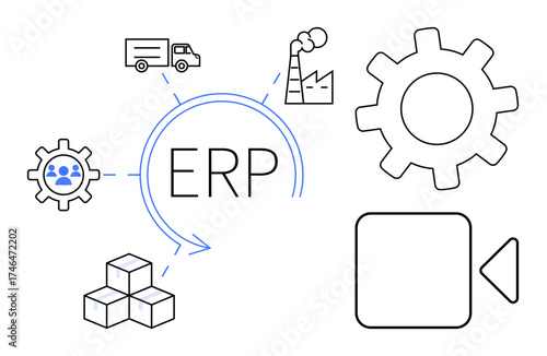 ERP surrounded by gear, truck, factory, cube stack, and user icon. Ideal for business management, supply chain, logistics production system integration automation. Simple flat metaphor