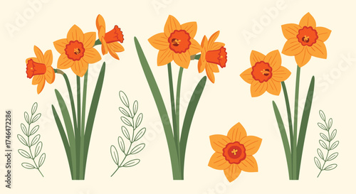 A collection of bright yellow daffodils with green stems and leaves.