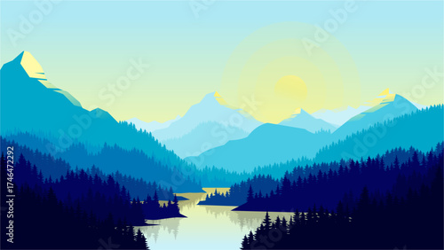 Minimal Blue Mountain Range with Pine Forest and River