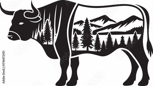 Majestic bull silhouette embodies nature's beauty, mountains and pines, for wild west branding