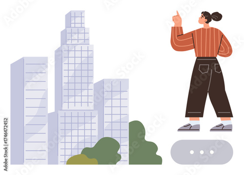 Woman pointing upwards near tall glass skyscrapers surrounded by greenery, showcasing urban growth and development. Ideal for themes of architecture, environment, exploration, vision, progress, urban