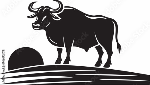 Powerful bull silhouette at sunset, showcasing strength and resilience in nature's beauty, symbol of prosperity