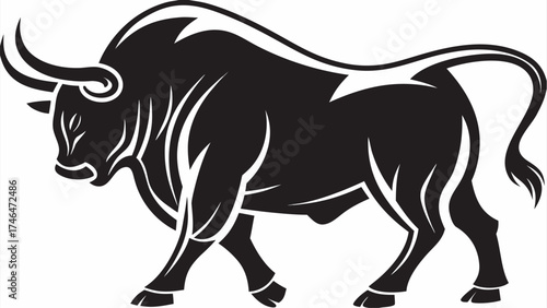 Bold black bull illustration for strength and endurance brands needing a powerful logo symbol