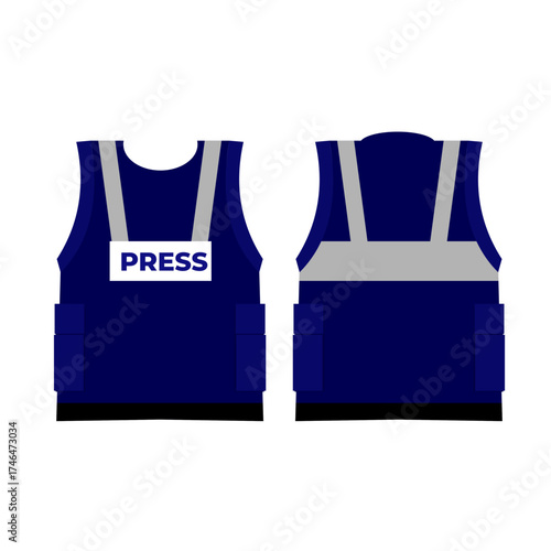Blue vest labeled PRESS, protective identity wear during coverage, flat art design style.
