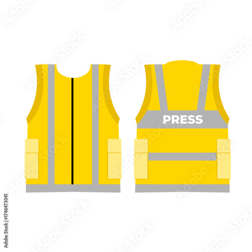 Yellow vest labeled PRESS, worn during public area reporting, flat art design style.
