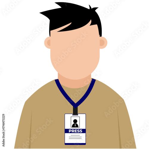 A male journalist wearing a press ID badge as official identification, flat art design style.
