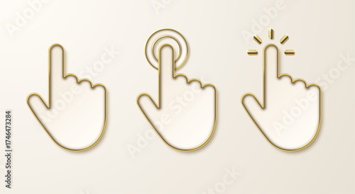 Collection of hand cursor tap icons. Tap or index finger gestures in gold. User interface touch symbols, app buttons. Vector 3D illustration.