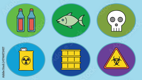 Pollution and toxic waste icons representing environmental danger
