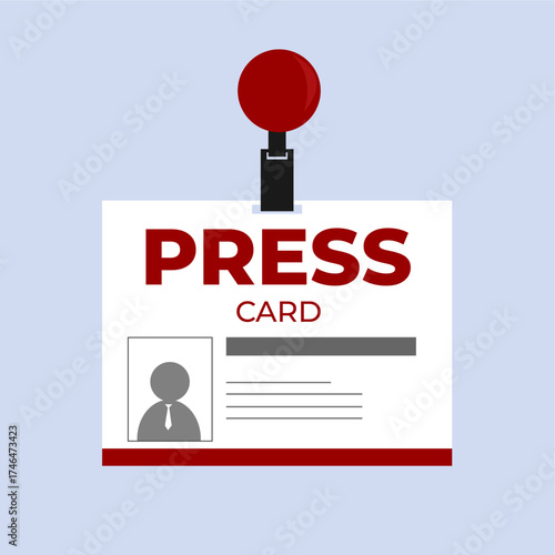 Journalist press card with a metal pin, attached to shirt pocket as official ID, flat art design style.
