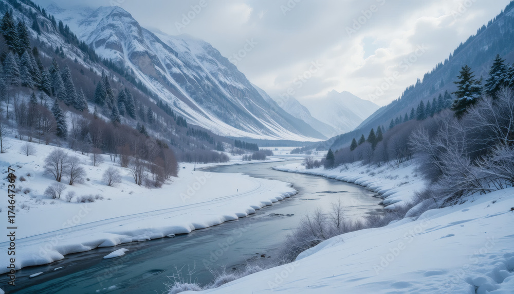 Obraz premium A serene winter valley with a frozen river winding through it