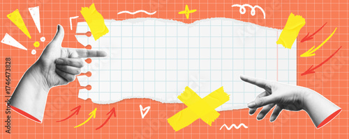 A trendy halftone banner with pointing hands and empty part of a torn sheet of paper. Space for your text. A creative Y2K style collage for social media, postcards, and advertising