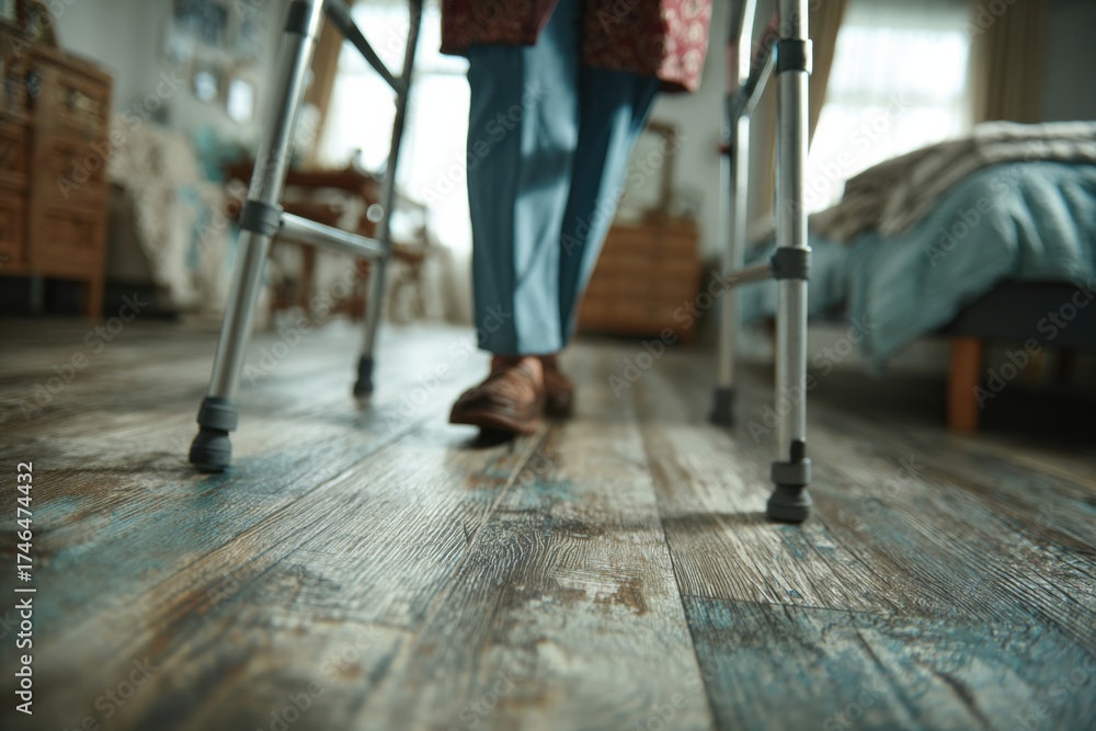 Fototapeta premium Walking with assistance inside a cozy home during the afternoon sun, showcasing determination and independence in daily life