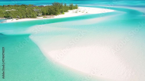 Breathtaking aerial view o a massive white sandbar i the Bahamas.