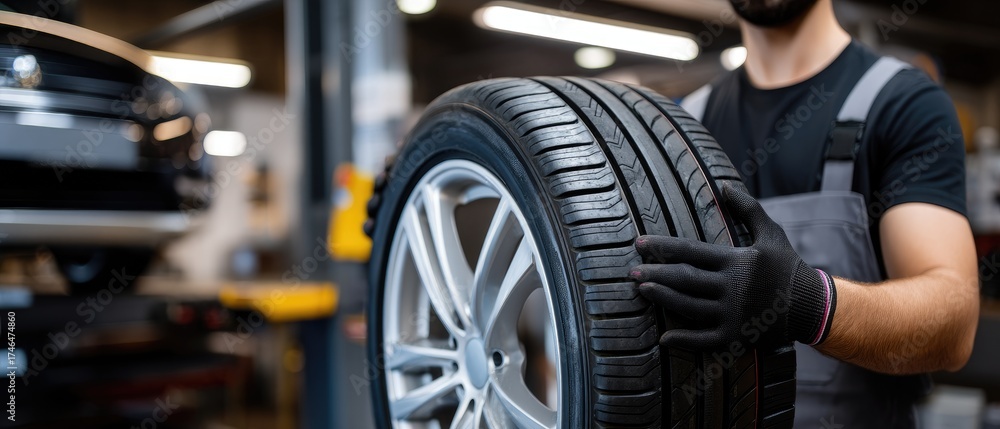 Fototapeta premium Worker handling a car tire at an auto repair shop during a busy afternoon
