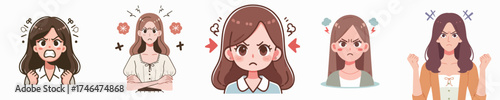 Set of angry women characters with frustrated facial expressions — emotional reaction, stress, irritation, and anger concept illustration in cute cartoon style