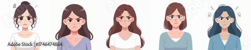 Set of angry women characters with different facial expressions — frustration, irritation, and emotional stress concept illustration in modern flat cartoon style