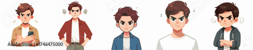 Angry Man Character Vector Set — Male Expressions Showing Anger, Frustration, and Annoyance, Cartoon Style Emotional Reaction Illustration for Animation and Character Design