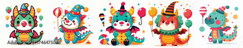 Cute Cartoon Dragon Clown Vector Set – Adorable Fantasy Baby Dragon with Balloons and Party Hat Illustration