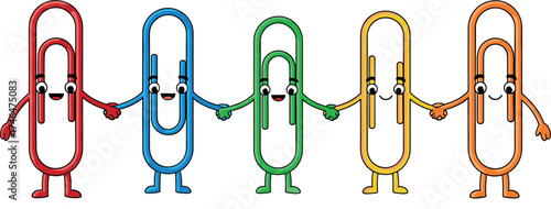 Cute cartoon paperclips holding hands in a line