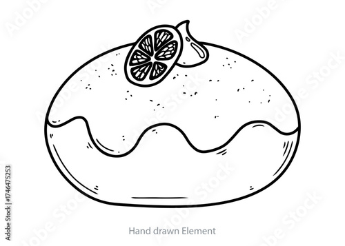 Hand-drawn style illustration of a sweet bun or pastry topped with icing and a slice of citrus fruit.
