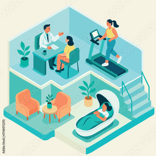 Isometric illustration of wellness center with doctor consultation, treadmill exercise, and sleep pod relaxation zone representing holistic health lifestyle