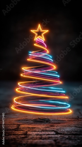 Colorful neon Christmas tree shines brightly against a dark background creating a festive atmosphere during holiday celebrations