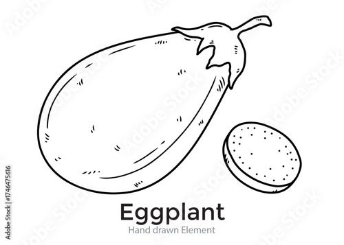 A hand-drawn illustration of a whole eggplant and a single slice, in black and white.