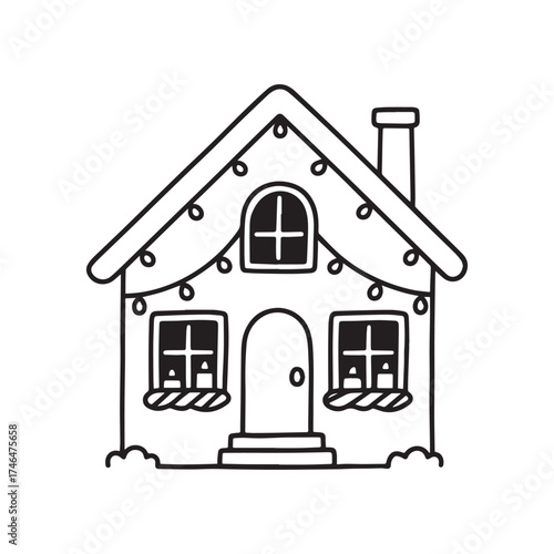 Cozy Christmas house decorated with lights and garlands Line Art Design.