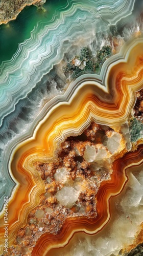 Colorful agate stone with vibrant patterns reflecting natural mineral formations and geological layers in a close-up view