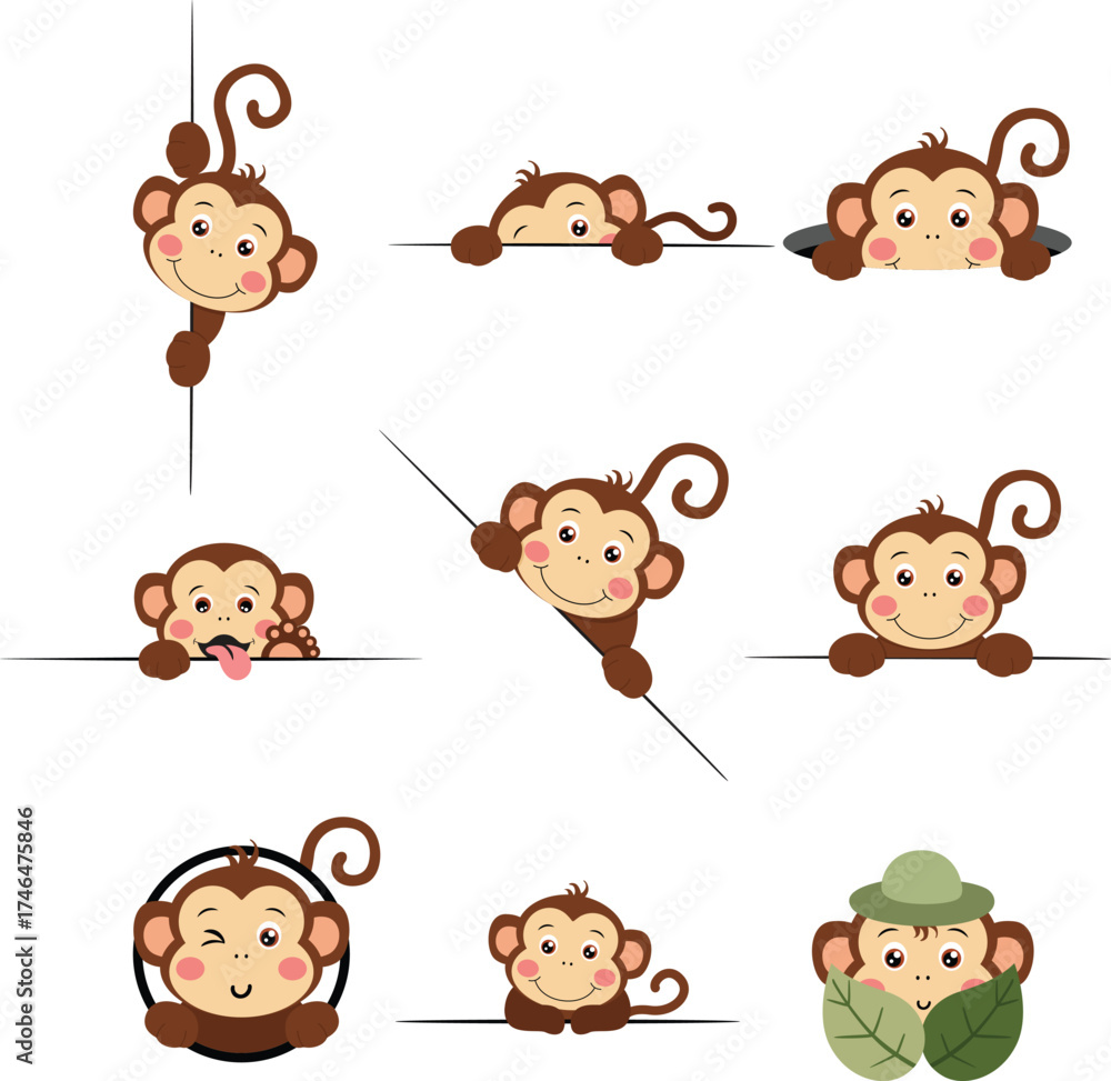 Fototapeta premium Nine Cute Baby Monkeys Peeking and Playing Set