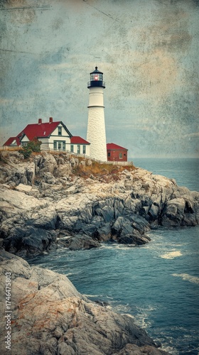 Lighthouse stands tall on rocky coastline with ocean waves gently crashing against the shore during overcast day