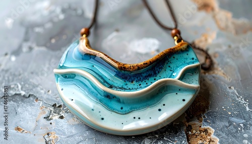 Artistic pendant necklace showcasing a ceramic crescent design, resembling ocean waves.  Detailed colors and textures